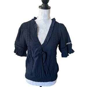 Anthropologie MINE Women's Ruffle Sleeve Top Blouse Navy Blue Medium